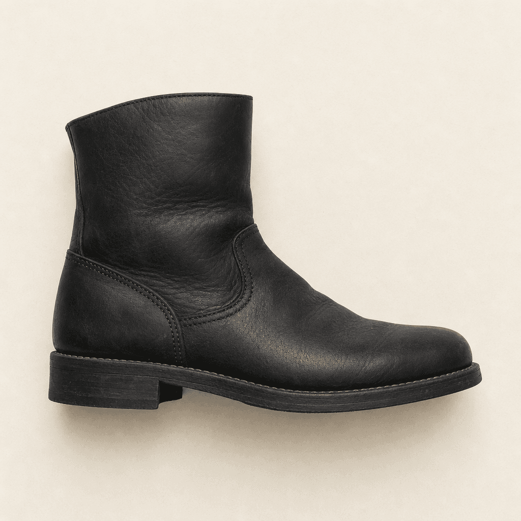 A black leather ankle boot on plain paper, photographed from the side.