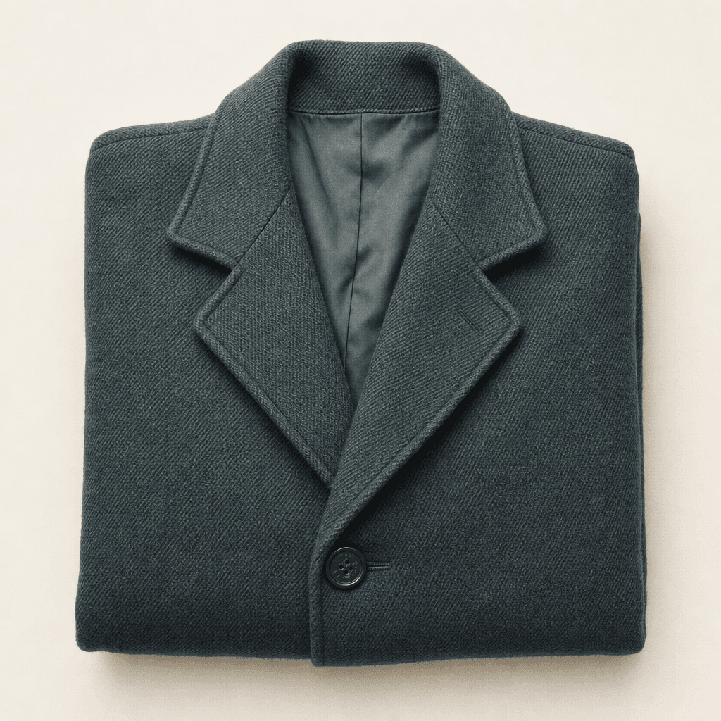 A wool coat folded into a neat rectangle on plain paper, photographed from above.