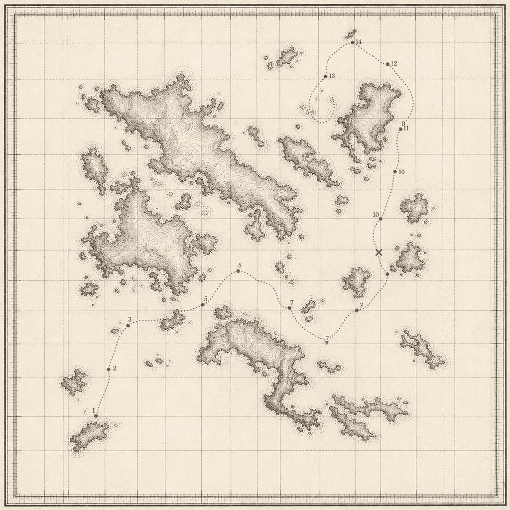 Engraved chart of an unnamed archipelago with a dotted route through numbered waypoints, one marked in vermilion.